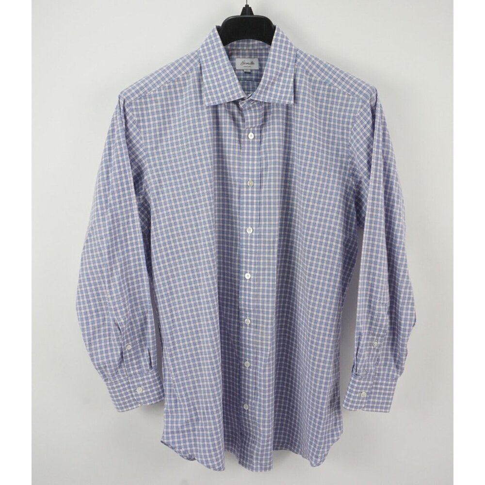 Hamilton Men 17-33 XL Blue Red Check Soft Twill Cotton Spread Collar Dress Shirt
